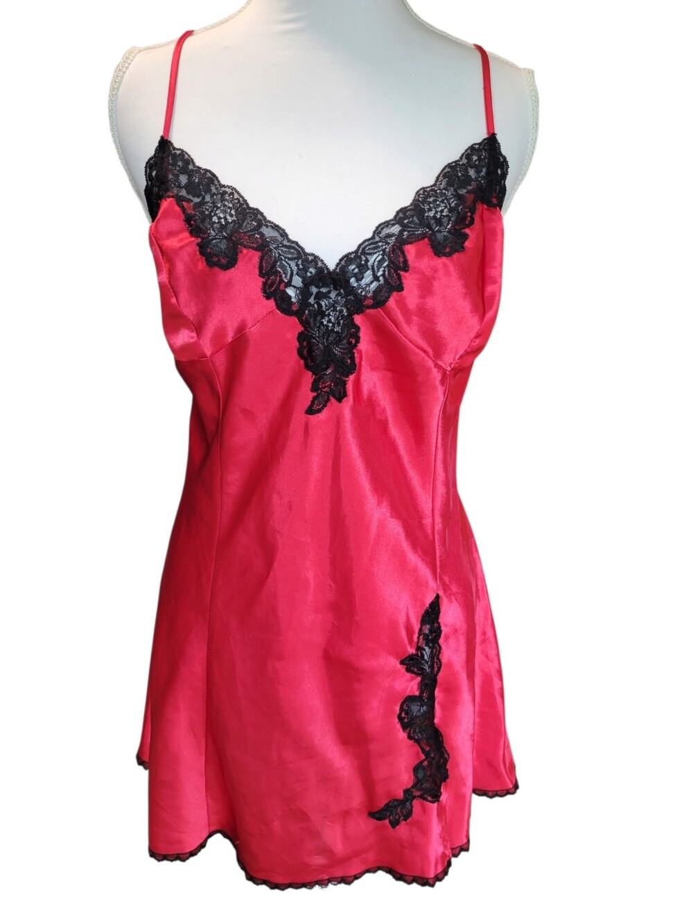 Fredericks Of Hollywood Red Satin Slip Dress With Black Lace Trim
